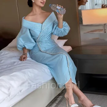 Mėlyna Satino Prom Dresses Nuo Peties Reljefiniai Rankovėmis Duobute China Linijos, Kulkšnies Ilgio Šalis, Chalatai 2024 Vestidos De Fiesta