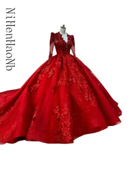 Prabanga Raudonos Nėrinių Vestuvių Suknelė Ilgomis Rankovėmis Blizgančių China Moterims Santuoka Vestuvių Suknelė 2023 Vestido De Novia