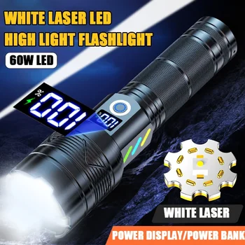 Baltos spalvos Lazerio 60W LED Didelės Galios Žibintuvėlis Itin Galingas LED Blykstė Dėmesio Ilgo Nuotolio Fakelas Zoom Avarinės Šviesos