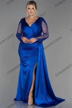 Royal Blue Undinė Vakaro Suknelės Ilgomis Rankovėmis V-Kaklo Oficialią Šalies Satino Suknelė Appliques Moterų Arabų Chalatas De Soiree