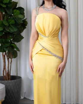 Flora Suknelė Elegantiškas Geltoną Satino Undinė Vieną Petį Vakare Gown Oficialus Karoliukai Rankovių Grindų ilgis Prom Dresses
