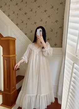 Pasakų Ilgai Nėrinių Nightdress naktiniai drabužiai moterims Moterų Kaklo Nightgowns Akių Rankovės Korėjos Moterų Stiliaus Kietas, Rudens Pavasario