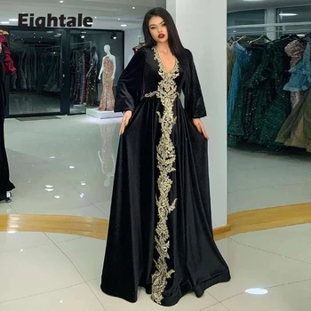 Eightale Arabų Vakaro Suknelės Dubajus Velvet Black Caftan Prom GownV-Kaklo Muslimi Kaftan Šalis Suknelė