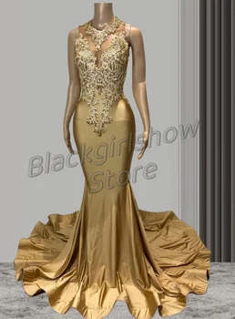 Aukso Vakaro Suknelės Elegantiškas Aukšto Kaklo Kabo ant Kaklo, Cut-out Dizainas Putojantis Kristalų Aplikacijos Satino Prabangių vakarinių Suknelių 2024
