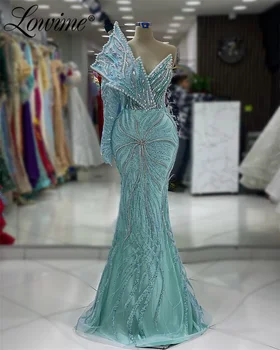 Lowime Dangus Mėlynas Arabų Prom Dresses Vieną Petį Elegantiškas Pearl Duobute Vakare Chalatai 2024 Užsakymą Undinė Blizgučiai Blizgančiais