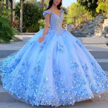 ANGELSBRIDEP Mėlyna Kamuolys Suknelė Quinceanera Suknelės Vestidos De 15 Anos Šalies 3D Gėlė 