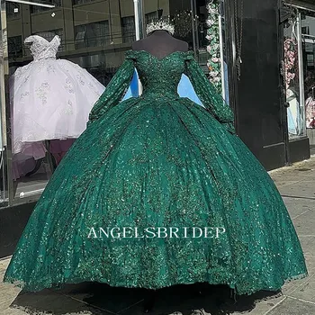 Angelsbridep Quinceanera Suknelės Kamuolys Suknelė, Su Nuimamu ilgomis Rankovėmis Appliques Smaragdas Žalia Vestidos De XV Anos