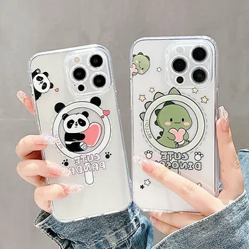 Mielas Animacinių filmų Panda Dinozaurų Magsafe Telefono dėklas Skirtas iPhone 15 14 13 12 11 Pro Max 15 Pro Magnetic Belaidžio Įkrovimo Aišku, Padengti