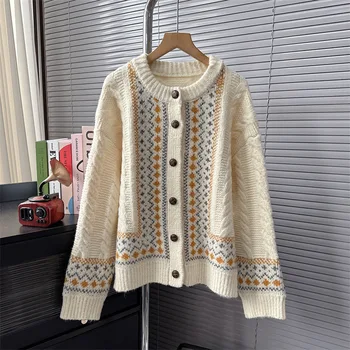 vintage Mados Džemperis Paltai moterims Apvalios Kaklo Megzti Megztinis visą rankovėmis, baltos spalvos pledas, megztinis, išsitraukia