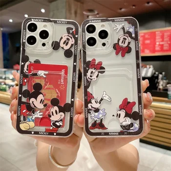 Disney Mickey Minnie Mouse Kortelės Kišenės Minkštos TPU Case For iPhone 15 14 13 12 11 Pro Max X XR XS 8 7 Plus SE 2020 Galinį Telefono Dangtelį