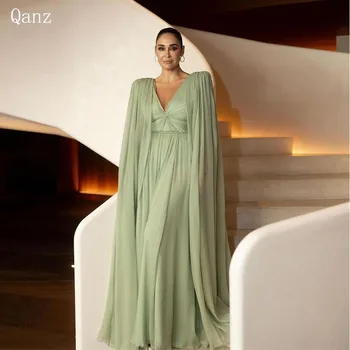 Qazn Šalavijų Žalia Elegantiškas Vakarines Sukneles V Kaklo Šifono Bžūp Rankovėmis Oficialus Suknelės Ilgio Linija Prom Dresses 2024 Prabanga