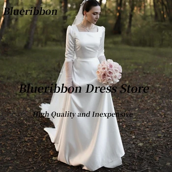 Blueribbon Šalies Linija, Vestuvių Suknelės Kvadratinių Kaklo Ilg. Rankovėmis, Vestuvinės Suknelės Pusė Rankovių Satino Vestidos De Novia
