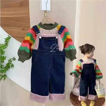 Vaikų Drabužiai Nustatyti 2023 Pavasarį, Rudenį Madingas Korėjos Stiliaus Mergina Spalva Žibintų Rankovėmis Megztinis Džinsai Pantstwo Piece Set