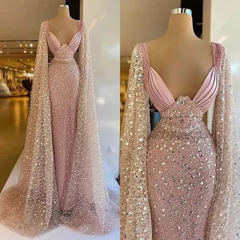 Pink Lace V-Neck Undinė Saudo Arabų Vakaro Suknelės Žaliojo Rankovėmis Grindų Ilgis Prabangūs Blizgančiais Afrikos Oficialų Prom Šalis Suknelė