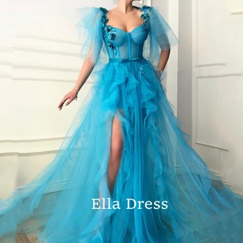 Ella Mėlyna Gėlių Susiėmę Tiulio Aukštos Ritininės Dubajus, Saudo Arabija Ilgai Vakare Gown Teen Prom Dress Prabangus Moterų vakarinės Suknelės