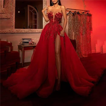 Promenadzie Suknelė 2023 Raudona Elegantiškas Ilgai Prabangių Stebėjimo Rankovių China Blizga Padalinta Tiulio Kamuolys Suknelė Moterims Oficialią Vakaro Šalis